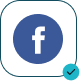 Facebook icon with a blue background and a white lowercase 'f' in the center, accompanied by a small blue checkmark badge at the bottom right.