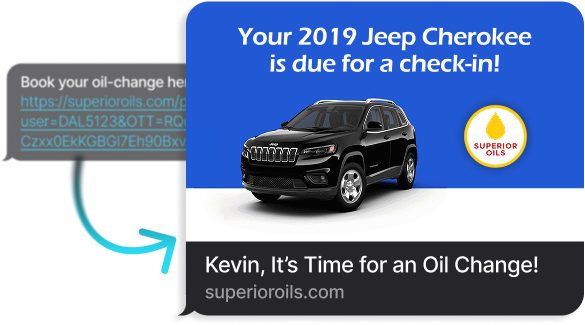 Notification showing a black 2019 Jeep Cherokee with text stating it is due for a check-in and a reminder for Kevin to get an oil change from Superior Oils.