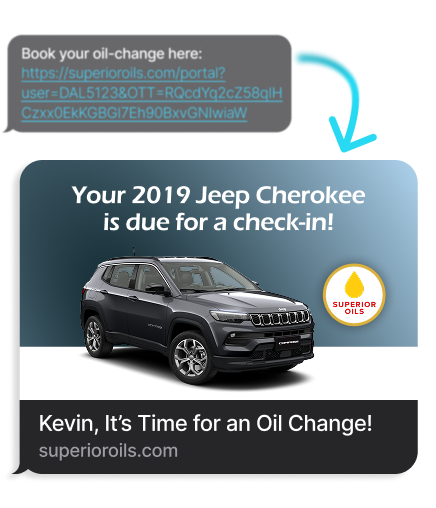 Notification showing a black 2019 Jeep Cherokee with text stating it is due for a check-in and a reminder for Kevin to get an oil change from Superior Oils.