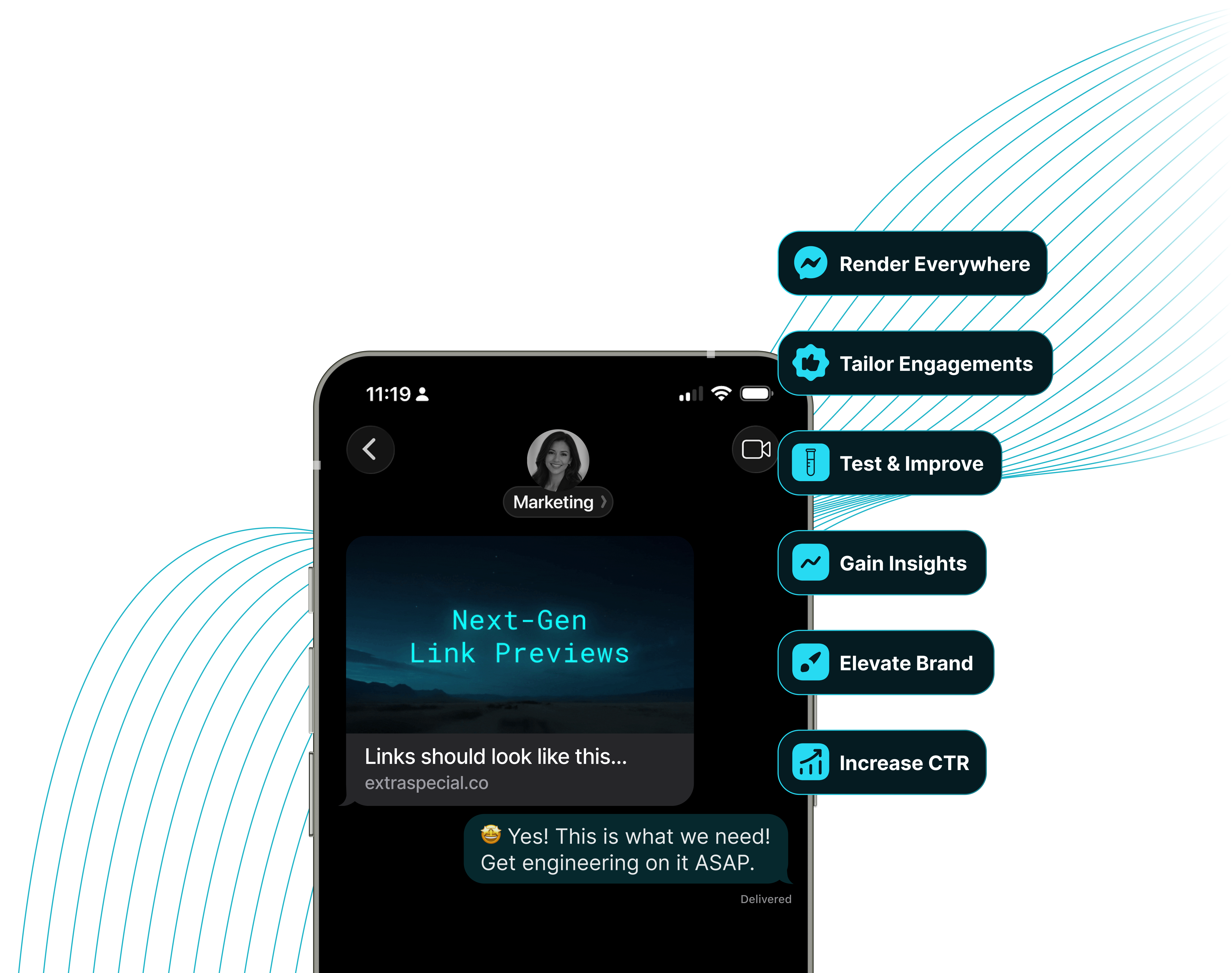 Smartphone screen shows a marketing chat with a message preview labeled 'Next-Gen Link Previews' and features highlighting 8x higher CTR, deep insights, generative AI, A:B iterative testing, and compatibility with messaging apps.
