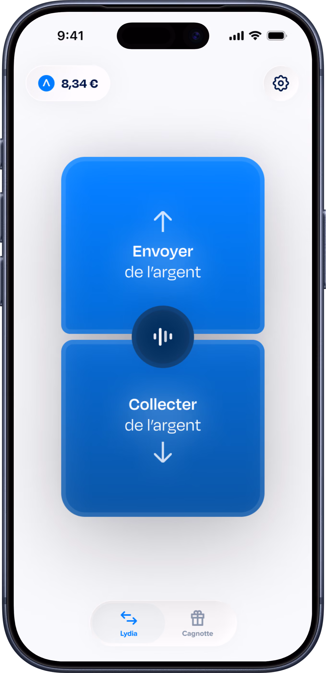 Application mobile Lydia affichant un clavier numérique avec les options Demander et Envoyer pour une transaction en euros.