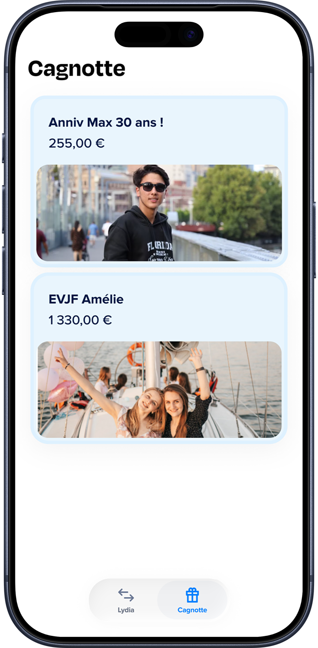 Application de collecte de fonds affichant un projet Voyage Espagne avec zéro euro collecté.