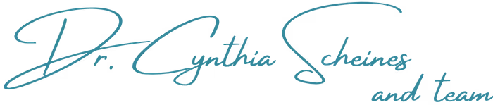Signature-style text reading 'Dr. Cynthia Scheines and team' in blue-green cursive.