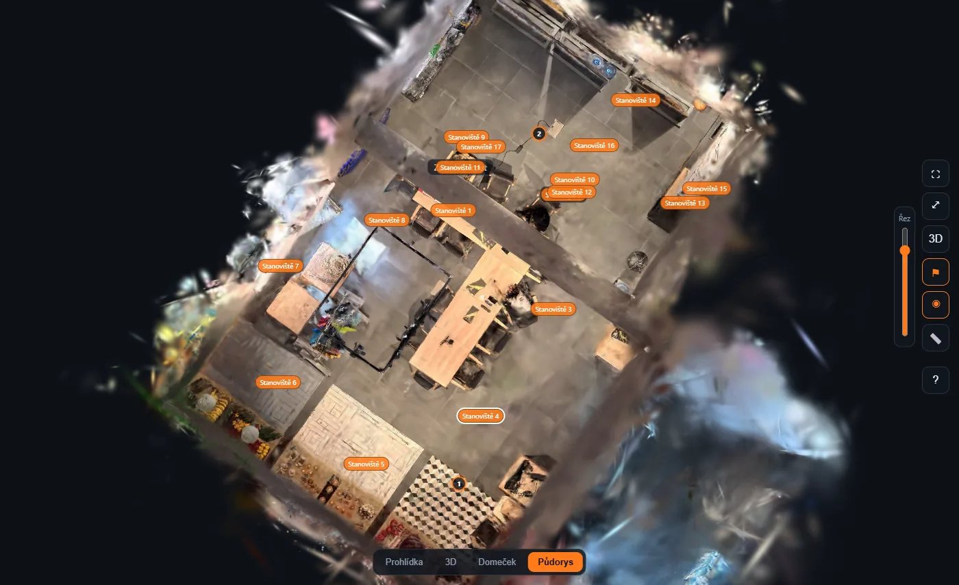 Režim Půdorys – 3D model budovy shora se stanovišti, podklad pro pasportizaci