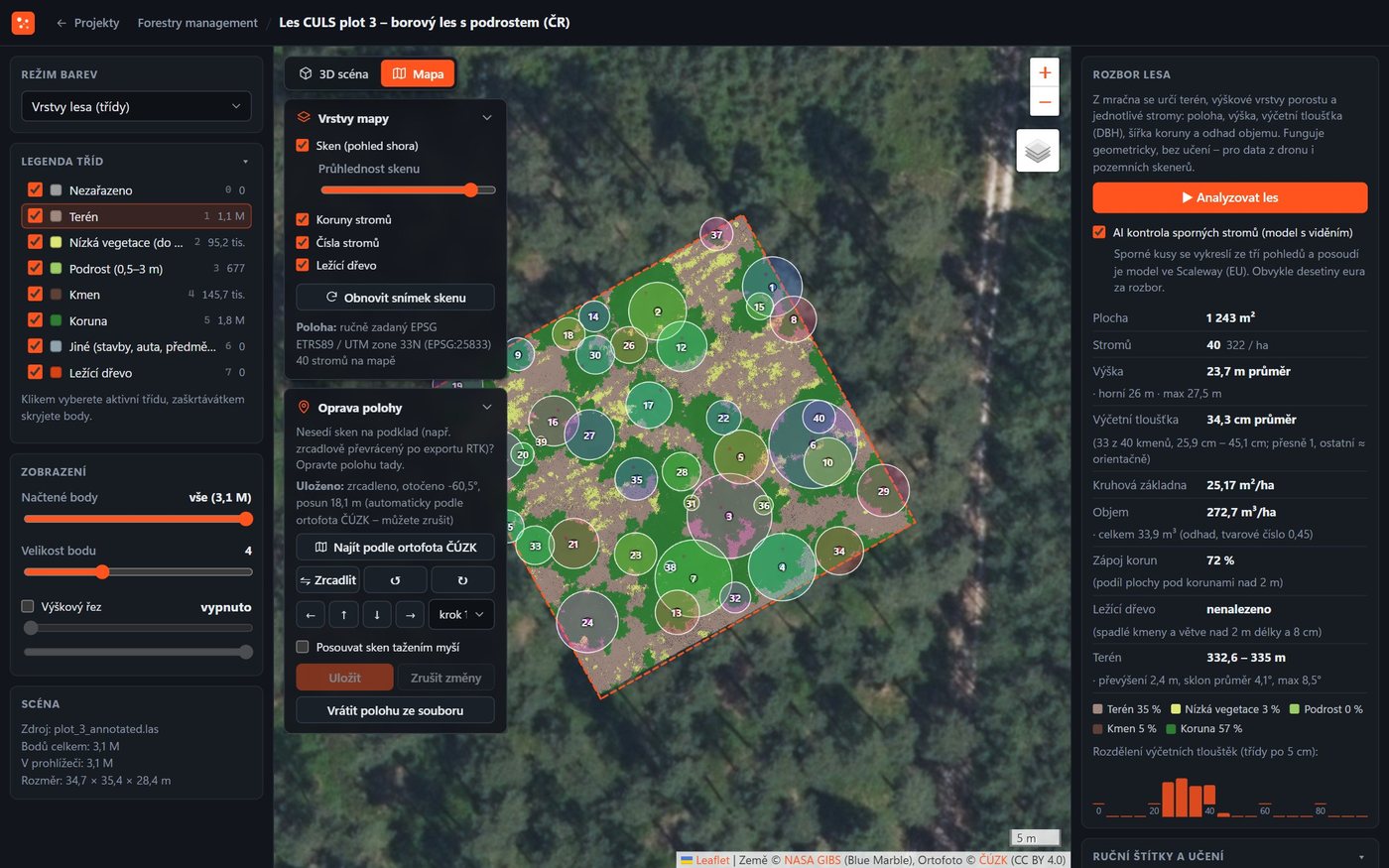 Inventarizace lesa – mapa porostů s korunami stromů na ortofotu