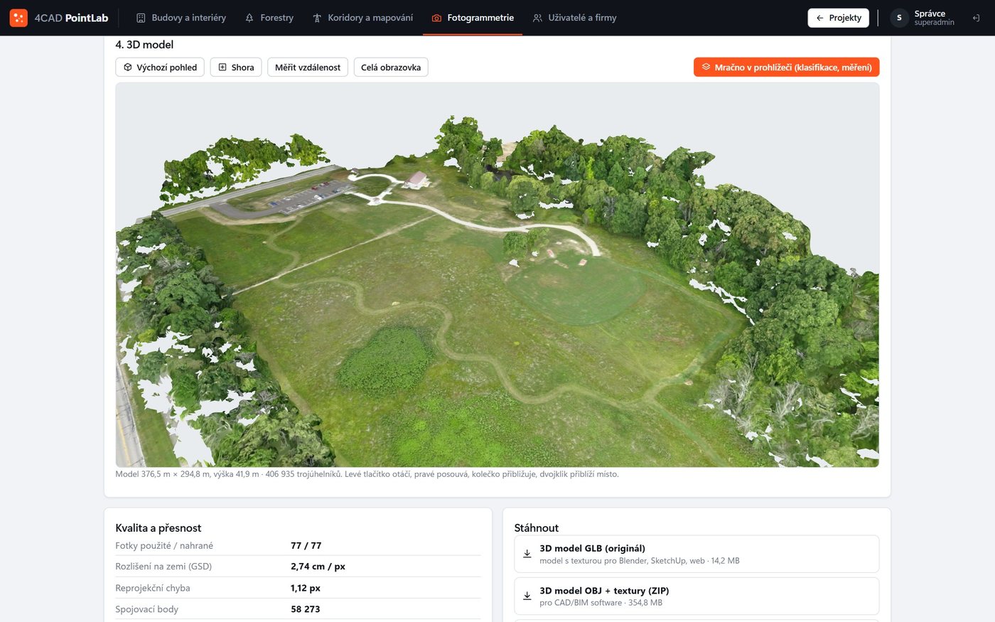 Fotogrammetrie – texturovaný 3D model areálu z fotek z dronu
