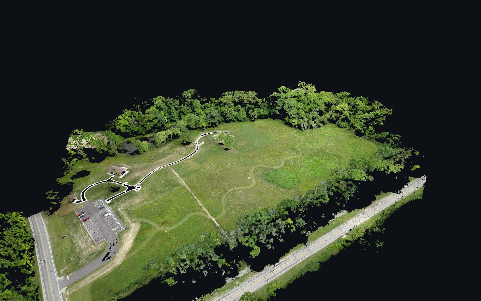 Fotogrammetrie z dronu – barevné mračno bodů areálu vypočtené z fotek z náletu