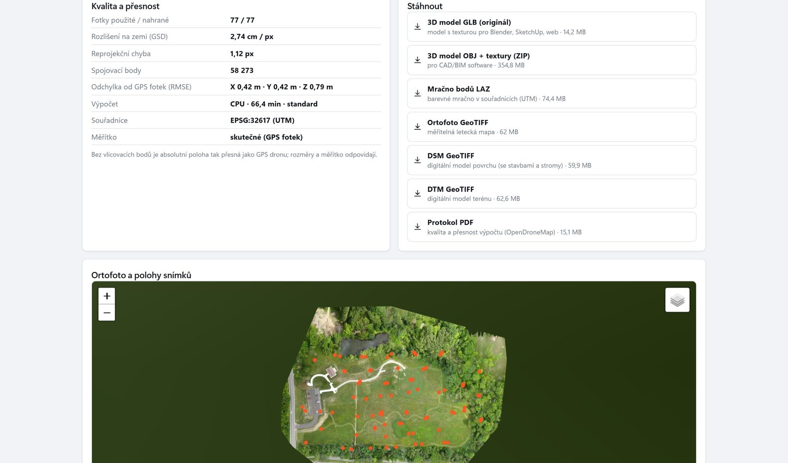 Protokol přesnosti fotogrammetrie – rozlišení na zemi, reprojekční chyba a odchylka od GPS