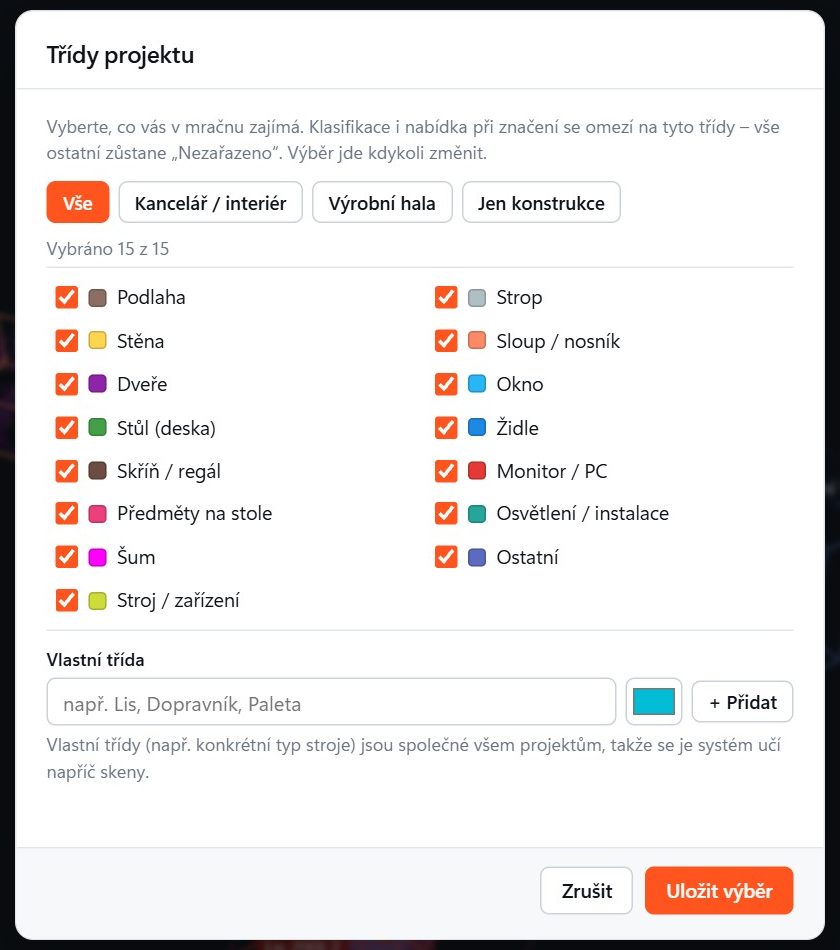 Třídy projektu – výběr tříd klasifikace a vlastní třídy pro stroje
