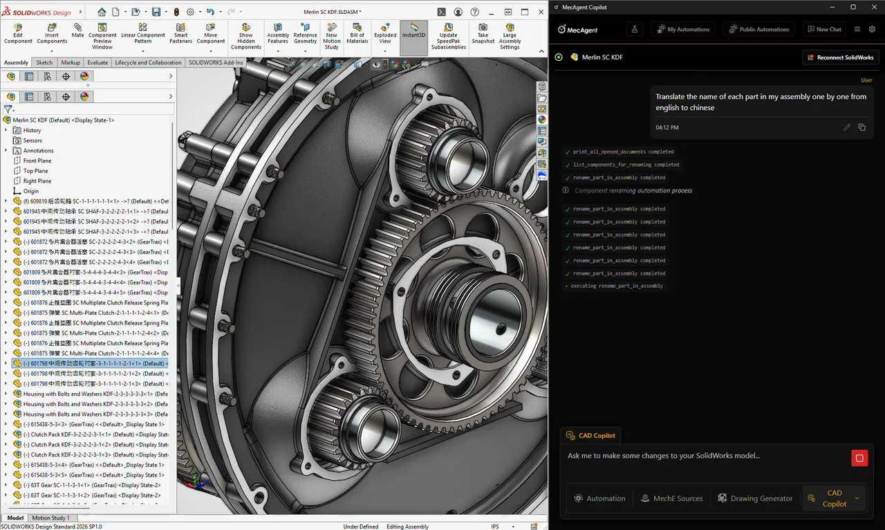 CAD Copilot překládá názvy dílů v sestavě
