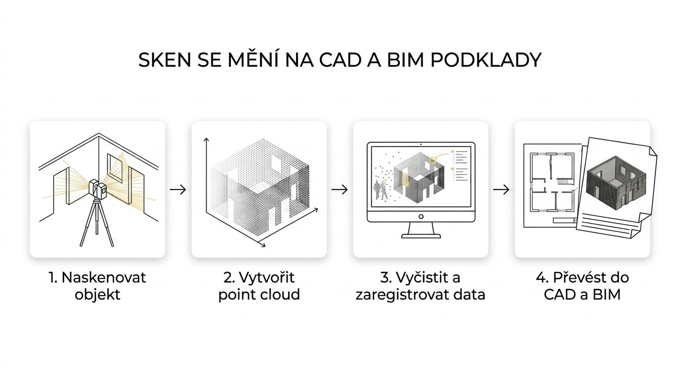 Schéma postupu od 3D skenování budovy přes point cloud k 2D výkresům, 3D modelu a BIM.