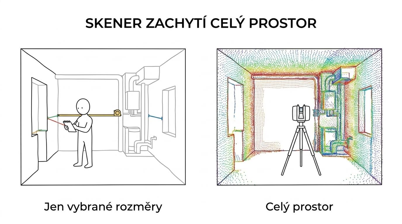 Srovnání ručního měření a stavebního 3D skeneru podle rychlosti, rizika chyb a typu výstupů.