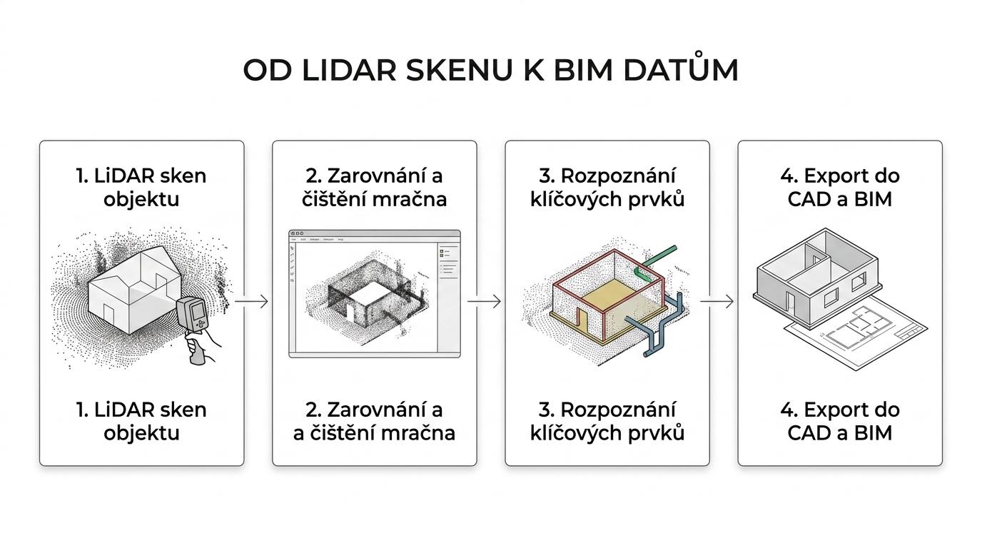 Schéma postupu od LiDAR skenování přes point cloud a jeho úpravu až k 2D výkresům, 3D modelu a BIM datům.