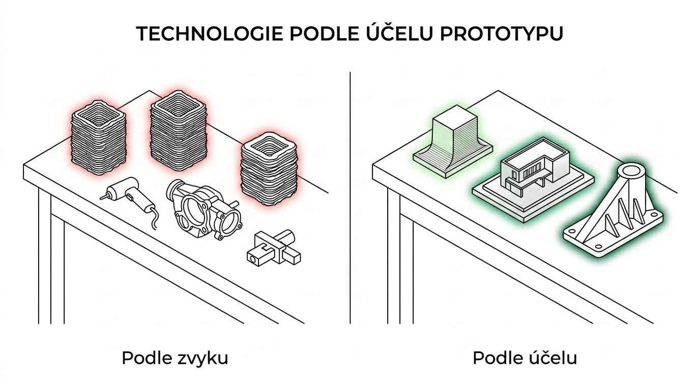 Srovnání technologií FDM/FFF, SLA/DLP, SLS a MJF podle detailu, funkce, povrchu a vhodného použití prototypu.