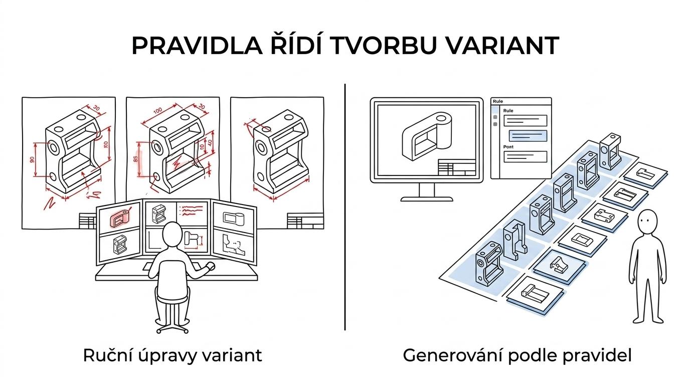 Srovnání ruční úpravy CAD variant se zautomatizovaným generováním variant a dokumentace v DriveWorks.