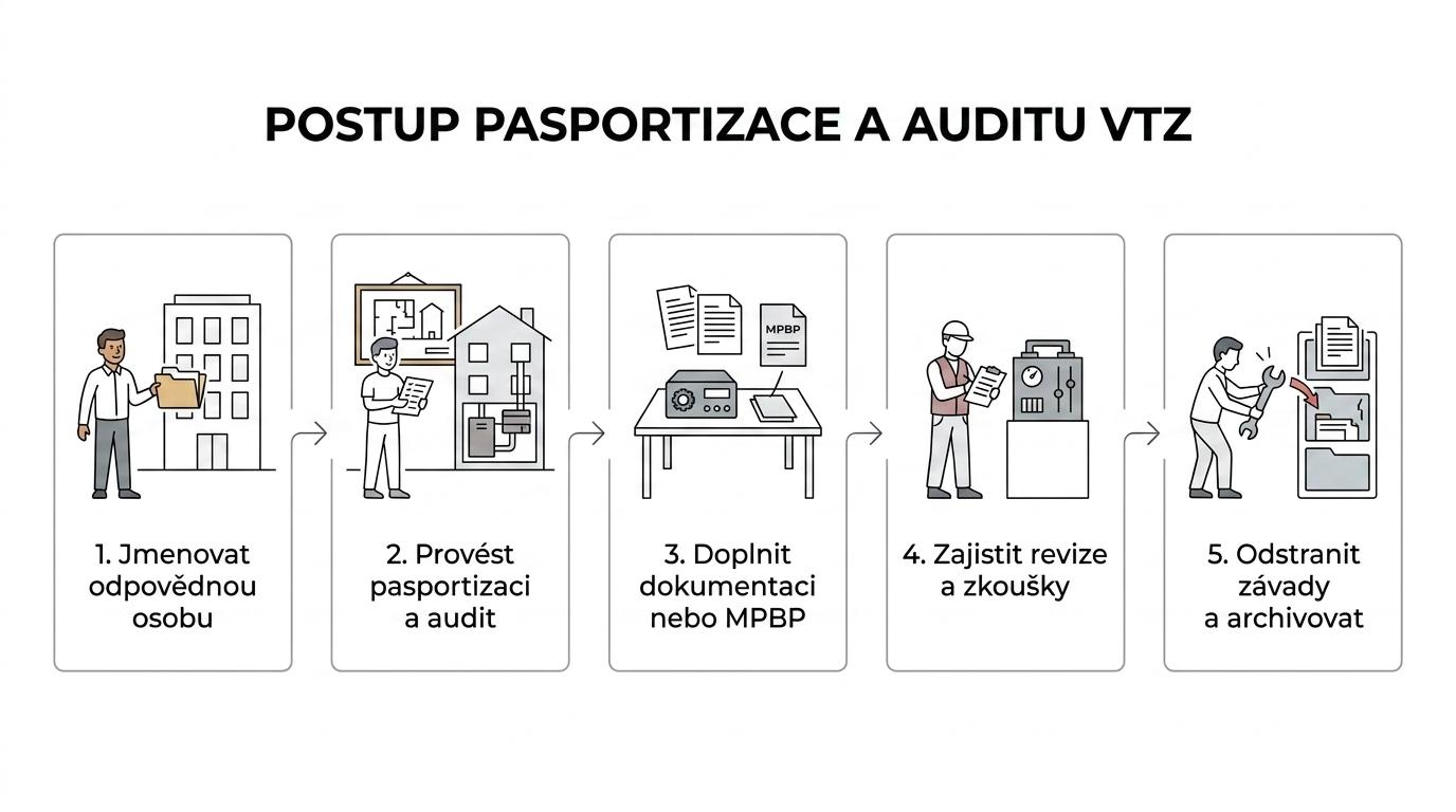 Šestikrokové schéma postupu pasportizace budovy a auditu VTZ od určení odpovědné osoby po digitální archivaci dokumentace.
