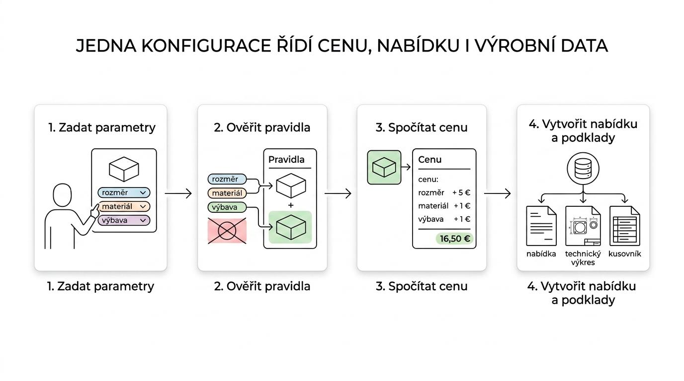 Schéma procesu DriveWorks CPQ od volby parametrů přes pravidla a cenotvorbu až k nabídce, 3D modelu a výrobním podkladům.