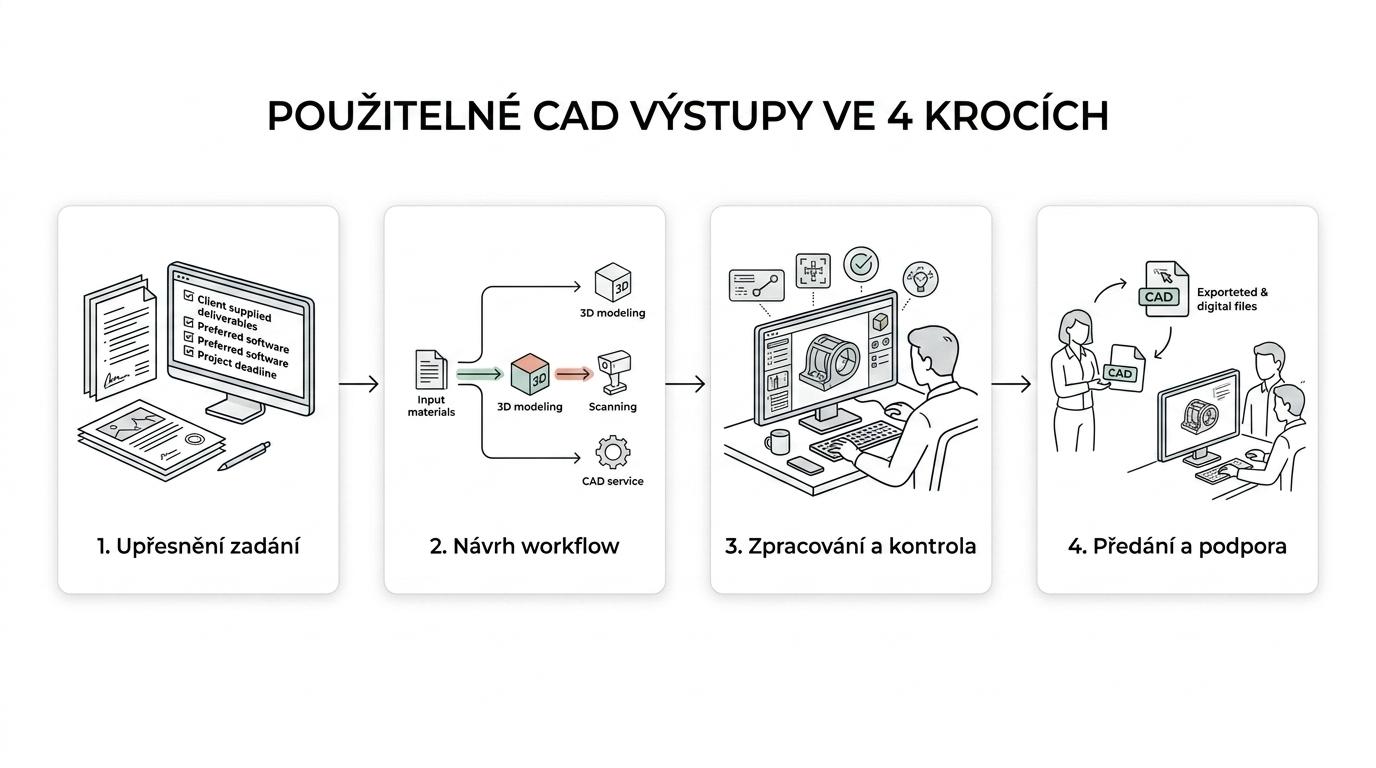 Schéma postupu CAD služby od upřesnění zadání přes volbu workflow a zpracování až po předání výstupů a navazující podporu.