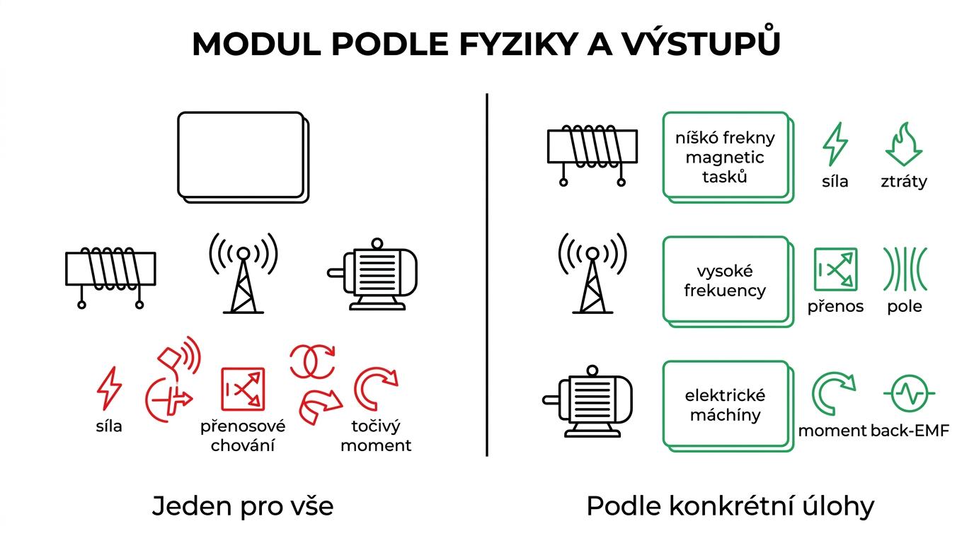 Srovnání tří modulů EMWORKS: EMAG pro nízké a střední frekvence, RF & Microwave pro vysoké frekvence a Motors pro návrh elektrických strojů.