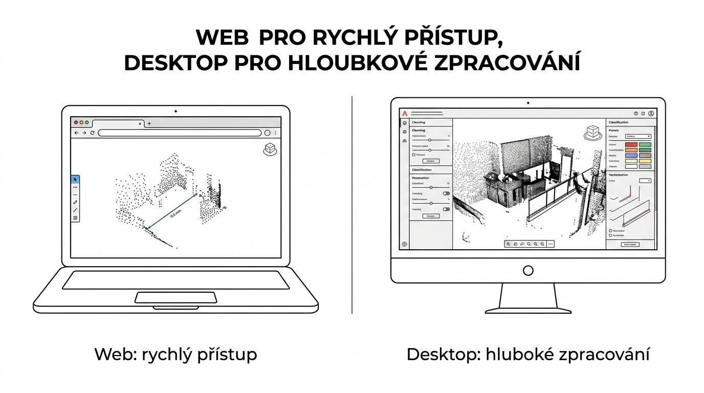 Srovnání Trion Model Desktop a Trion Model Web podle nasazení, měření, pokročilých úprav a sdílení.