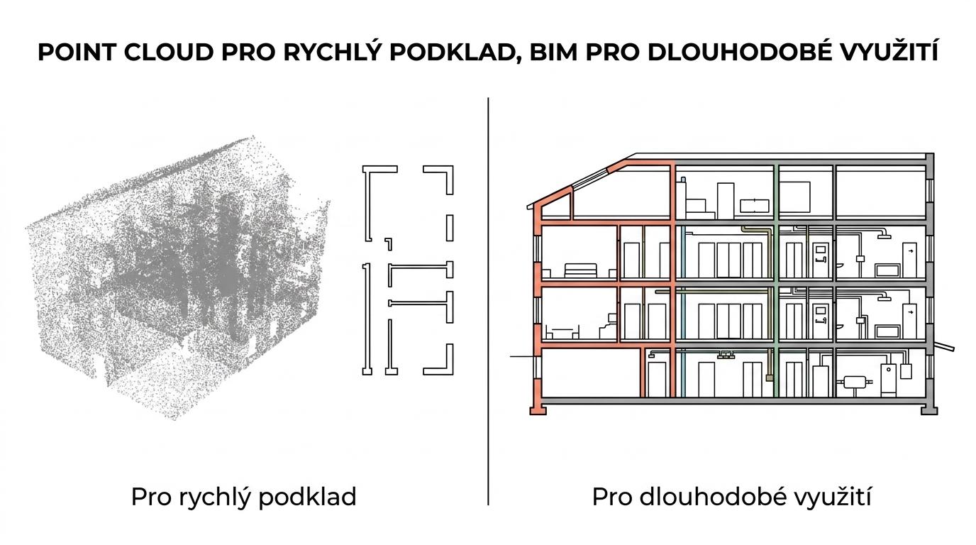 Srovnání referenčního mračna bodů a BIM modelu podle použití, ceny, rychlosti a návaznosti na správu budovy.