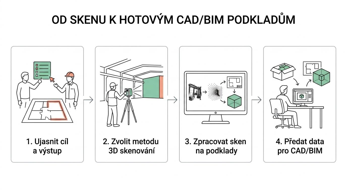 Schéma postupu od zaměření výrobní haly 3D skenováním přes mračno bodů po 2D výkresy, 3D model a BIM data pro další projekt.
