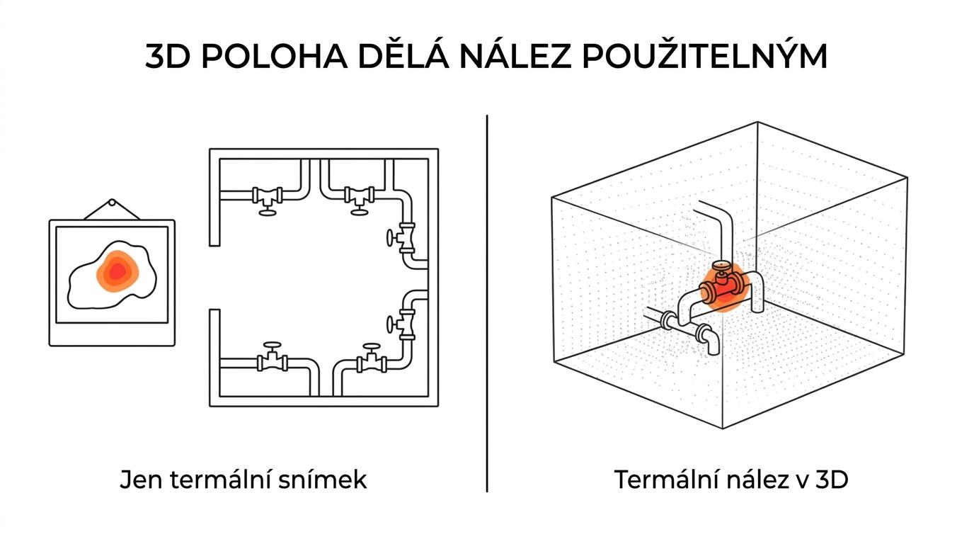 Srovnání běžného termálního snímku a stejného nálezu zasazeného do 3D modelu budovy s přesně určenou polohou závady.