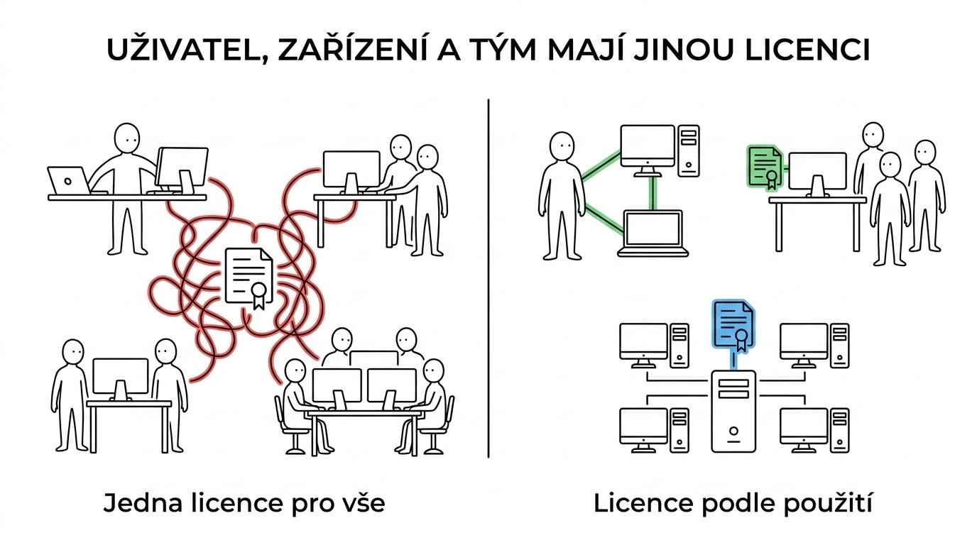 Srovnání hlavních typů licencí SOLIDWORKS podle uživatele, zařízení, sdílení a podpory.