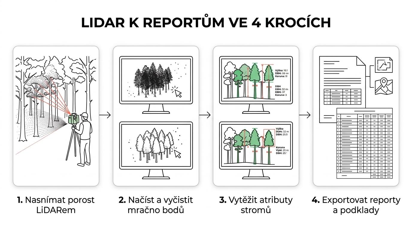 Čtyřkrokový proces od LiDAR skenování lesa přes mračno bodů a analýzu stromů ve Forest modulu až po export reportů.