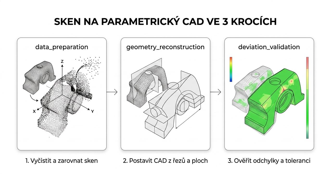 Tříkrokové schéma převodu 3D skenu přes přípravu dat a rekonstrukci geometrie až po kontrolu odchylek a výsledný CAD model.
