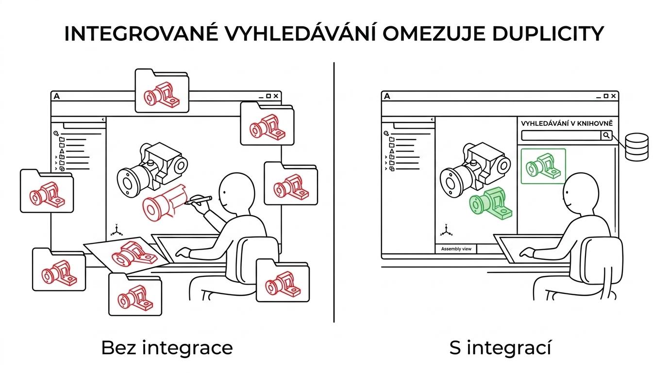 Srovnání chaotického hledání CAD dílů v lokálních složkách a na webu s integrovaným workflow 3Dfindit, PDM a ERP s jednou správnou součástí.