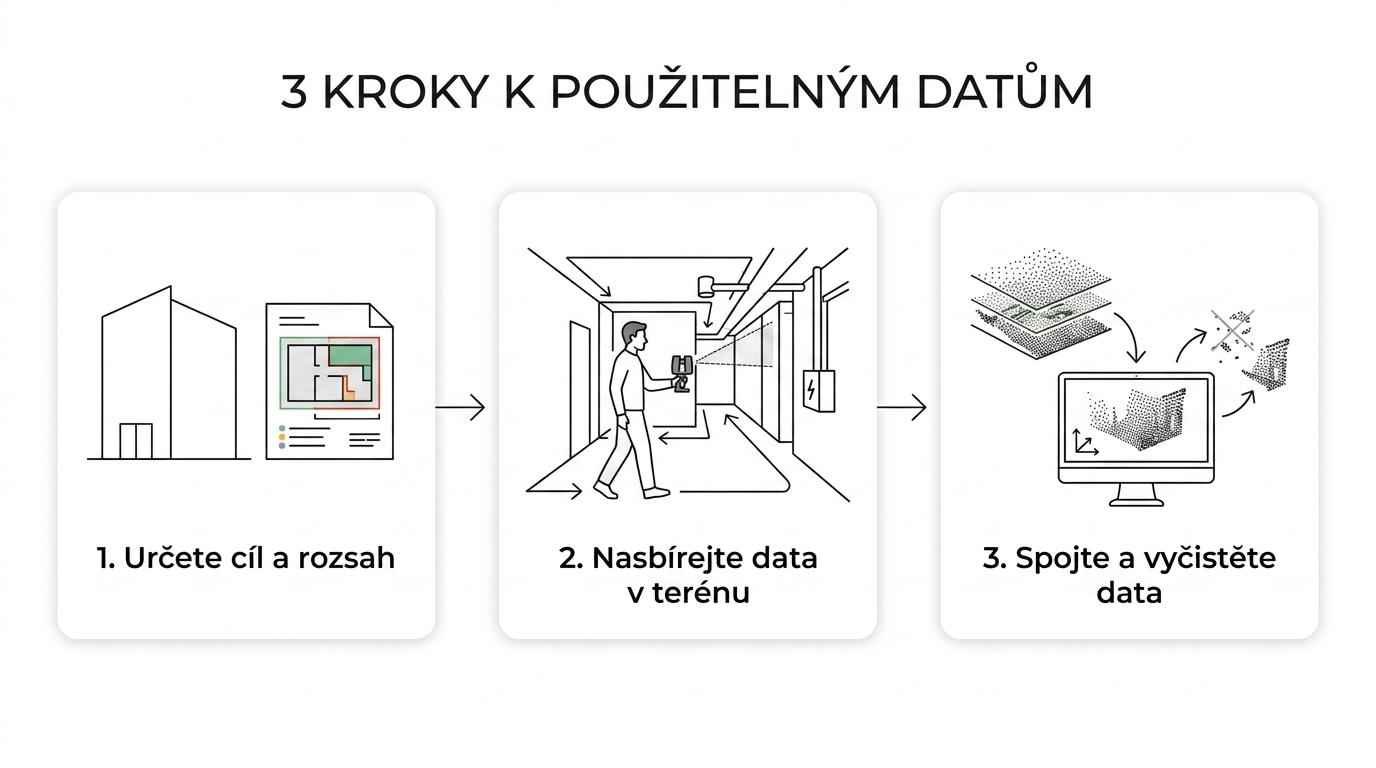 Tříkrokový proces 3D zaměření budovy: příprava cíle, sběr LiDAR dat v objektu a registrace mračna bodů pro další zpracování.