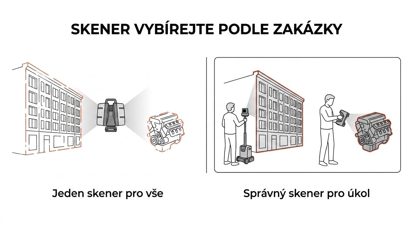 Srovnání několika typů 3D skenerů podle vhodnosti pro interiéry, fasády, potrubí, výrobu a reverzní inženýrství.