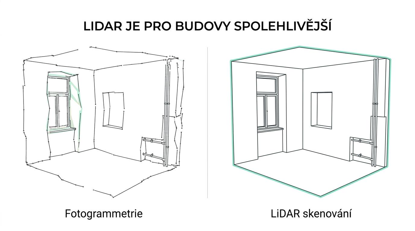 Srovnání LiDAR/SLAM 3D skenování a fotogrammetrie pro budovy podle přesnosti, rychlosti, světelných podmínek a výstupů pro CAD a BIM.