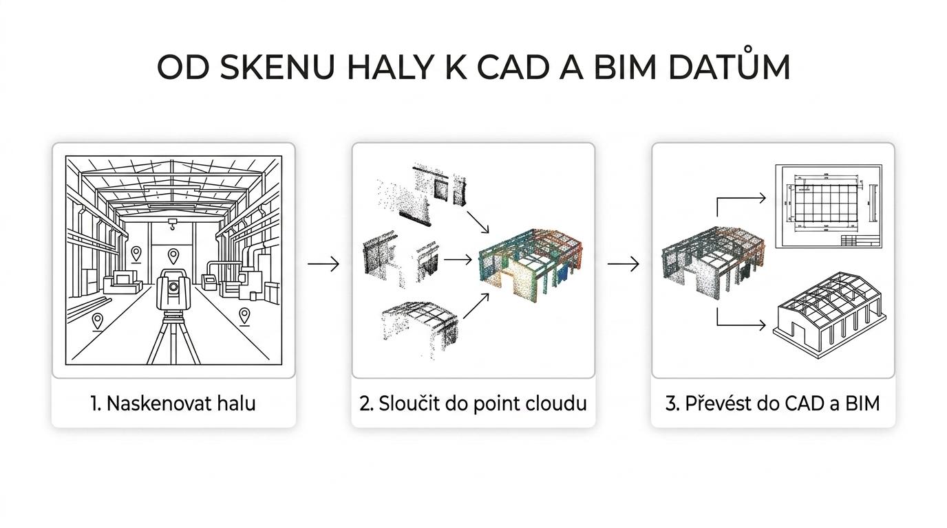 Schéma postupu od skenování haly přes registrované mračno bodů až po 2D výkresy, 3D model a BIM data.