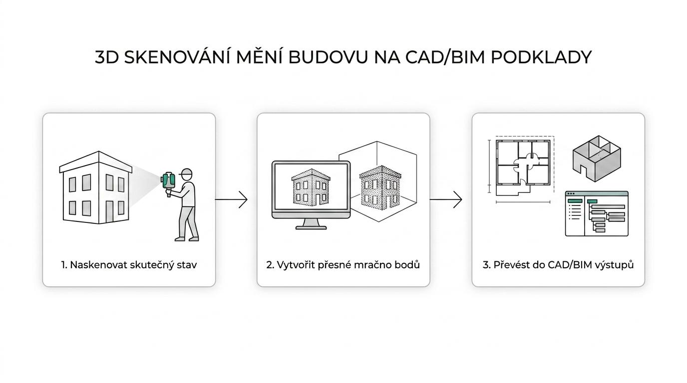 Schéma procesu 3D skenování budovy od zaměření objektu přes mračno bodů k 2D výkresům, 3D modelu a BIM datům.