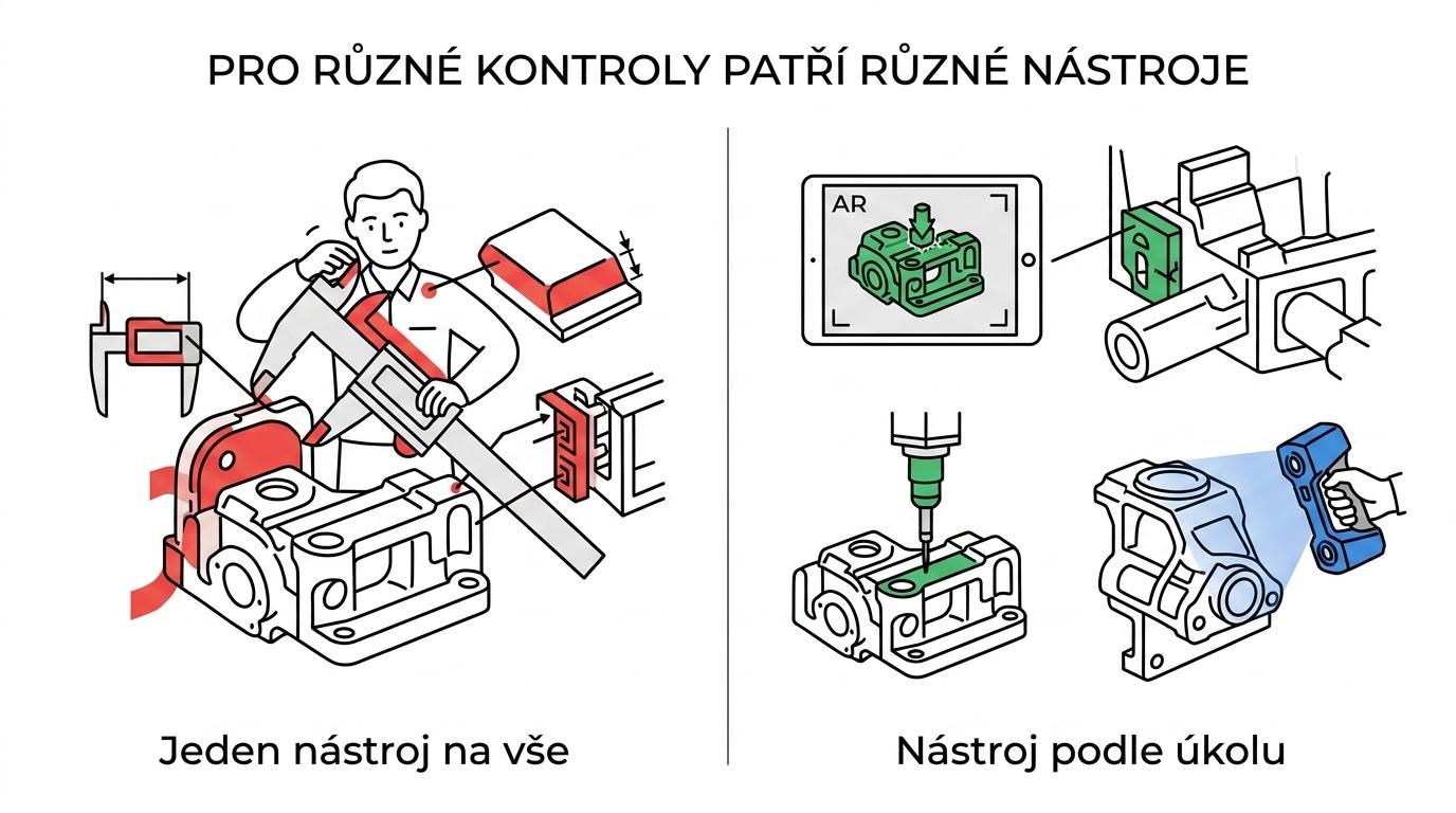 Srovnání TWYN, CMM a 3D skeneru podle účelu kontroly, rychlosti rozhodnutí a typu výstupu.