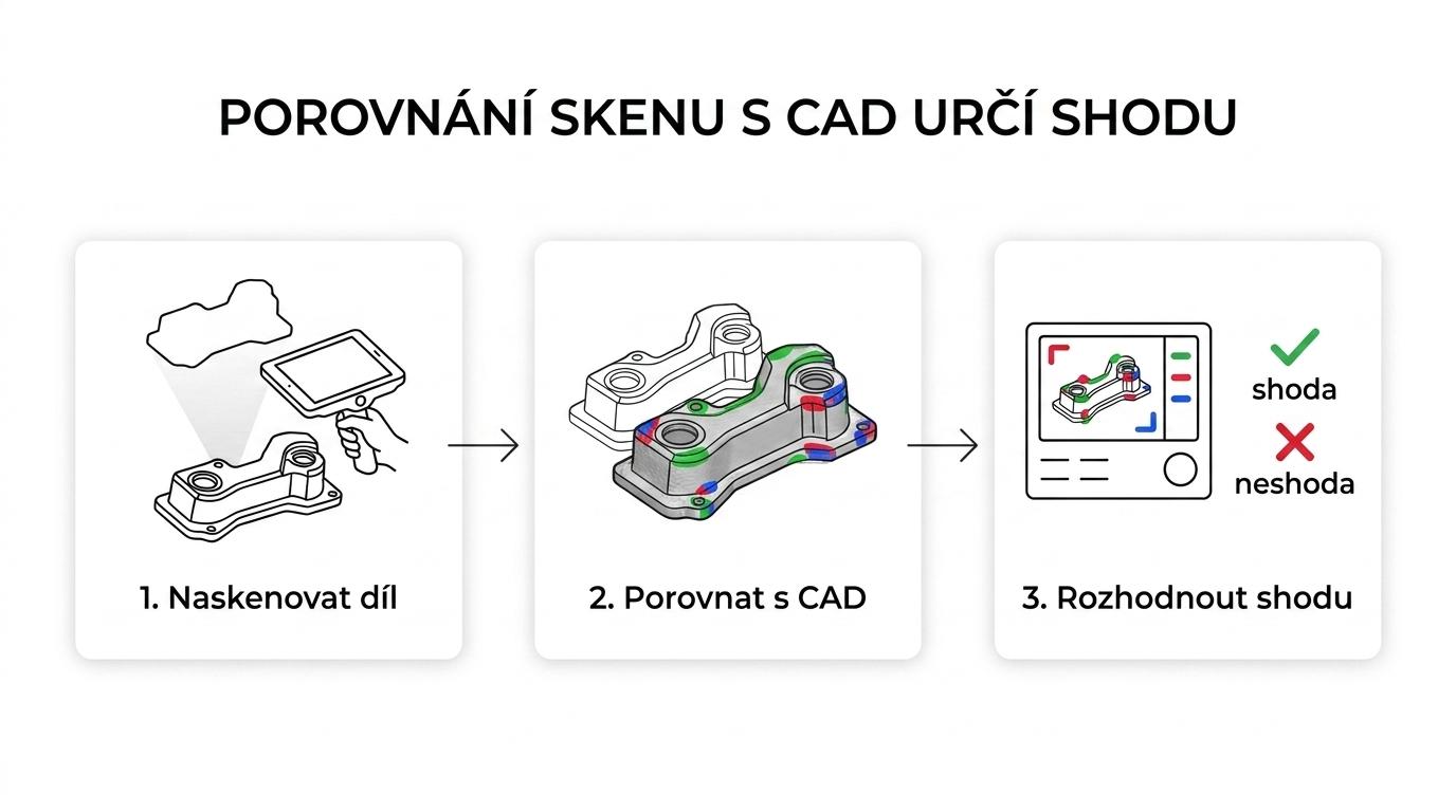 Schéma workflow 3D kontroly kvality od skenování dílu přes porovnání s CAD až po vyhodnocení odchylek a rozhodnutí o shodě.