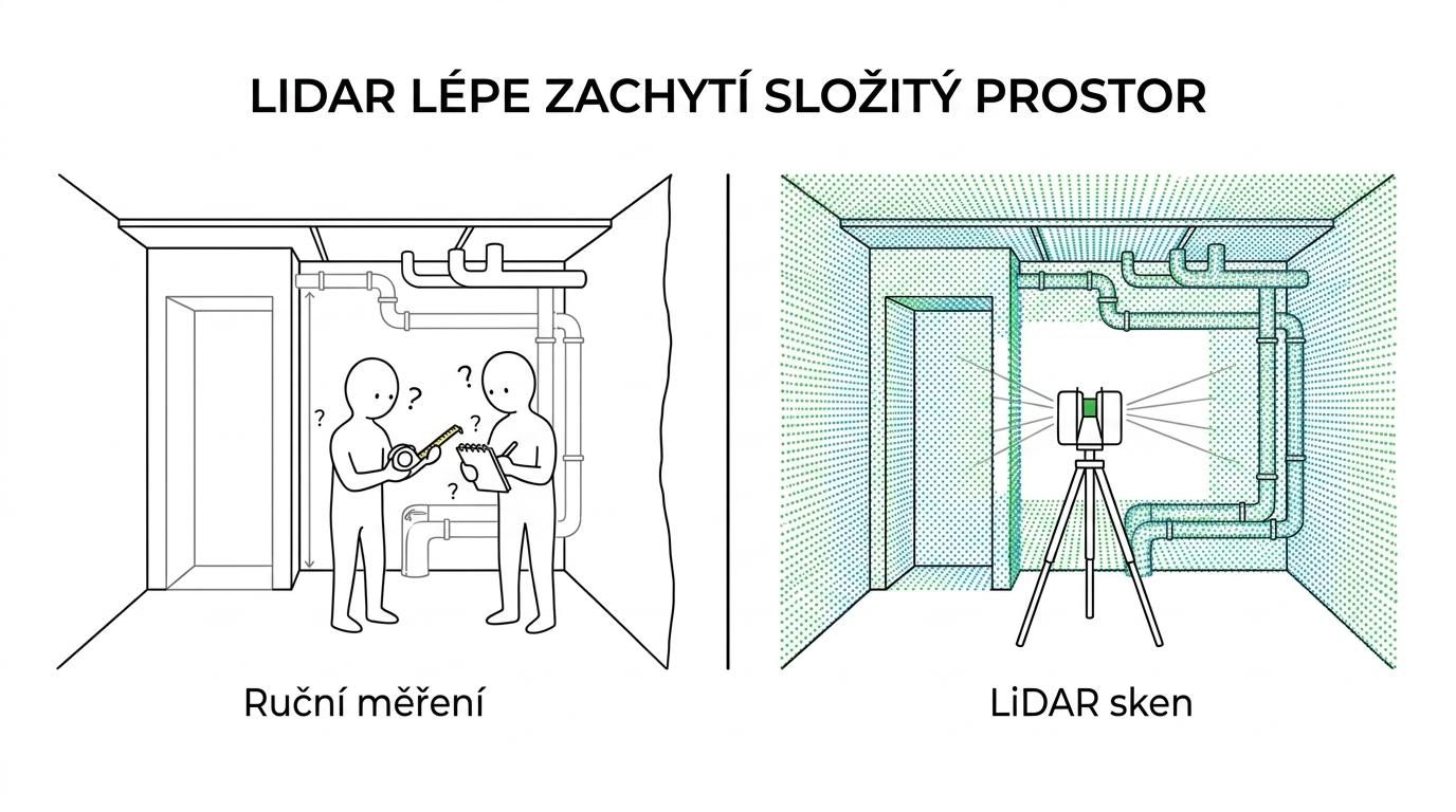 Side-by-side comparison of manual room measuring with a tape and laser distance meter versus a LiDAR scan capturing the full interior as a dense 3D point cloud.