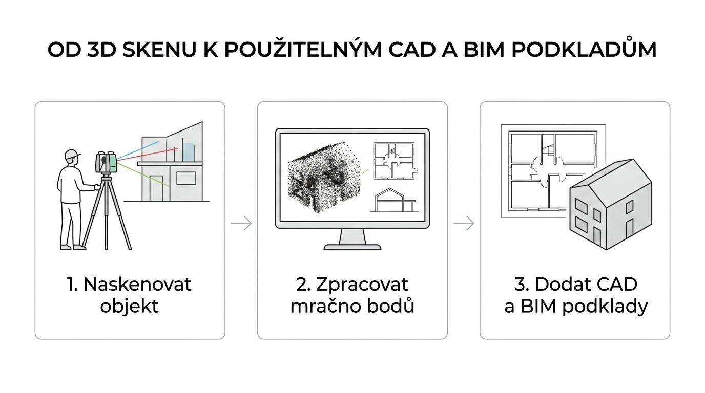Schéma postupu od 3D skenování budovy přes mračno bodů k 2D výkresům, 3D modelu a BIM datům.