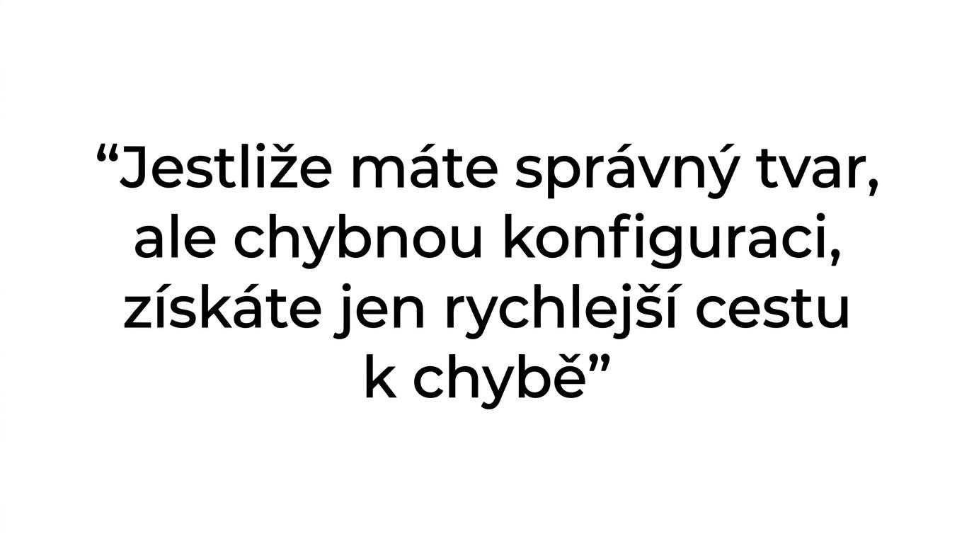Zvýrazněný citát o tom, že správný tvar bez správné konfigurace vede jen k rychlejší chybě.