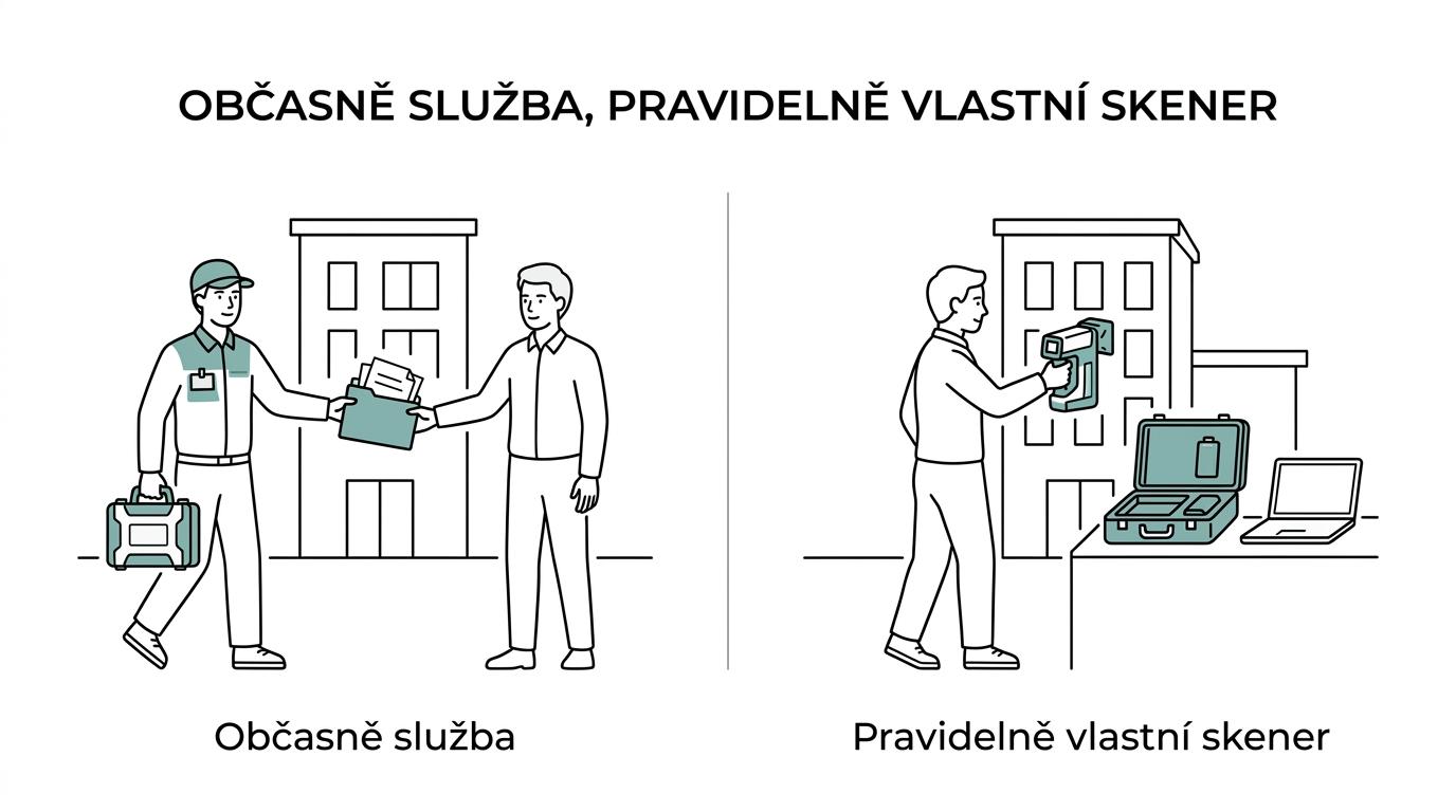 Srovnání dvou možností pro 3D skenování budov: externí služba versus vlastní 3D skener s interním workflow.