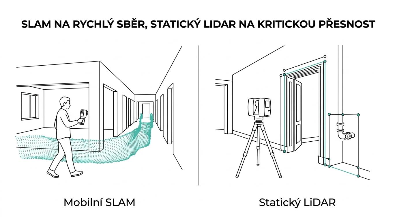 Srovnání mobilního SLAM LiDARu a statického terestrického LiDARu při zaměření budovy.