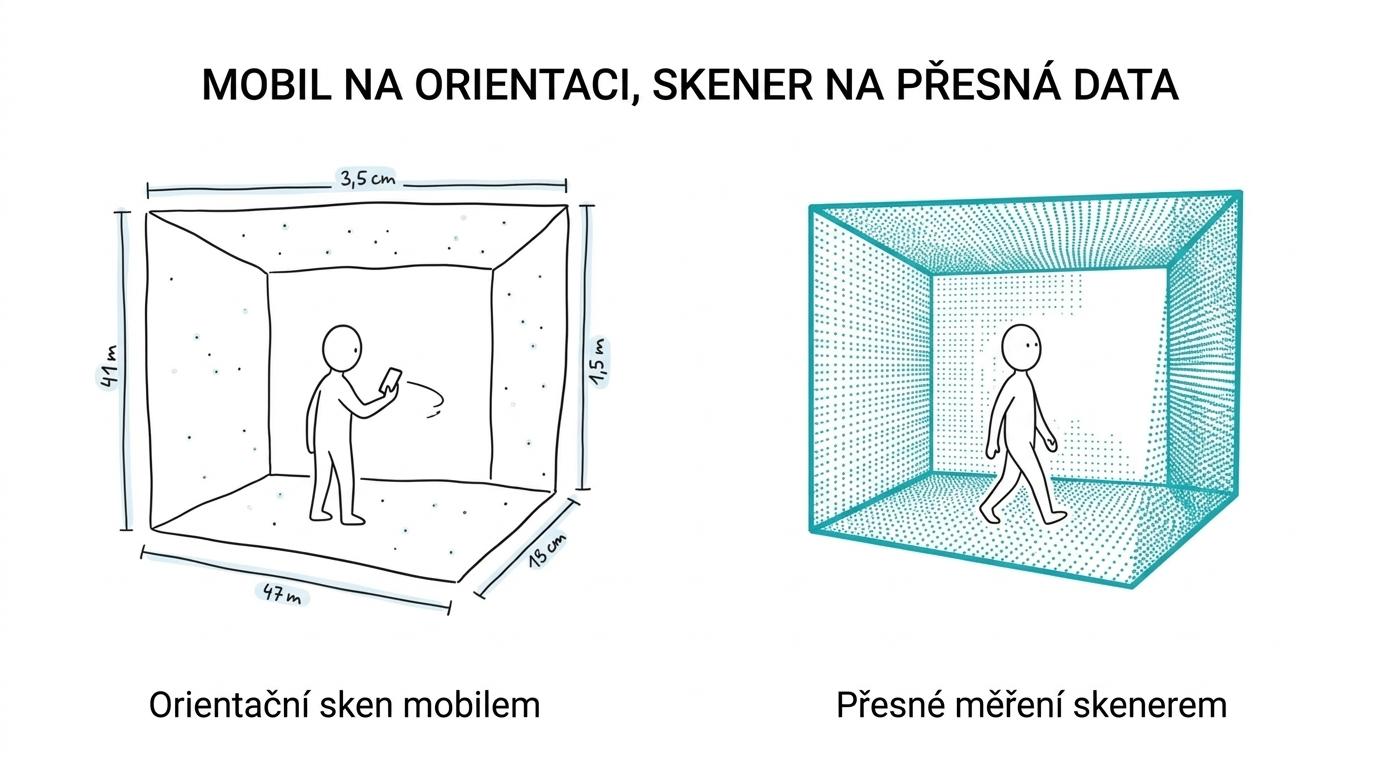 Srovnání telefonu a stavebního SLAM LiDAR skeneru podle přesnosti, dosahu, detailu a vhodného použití.