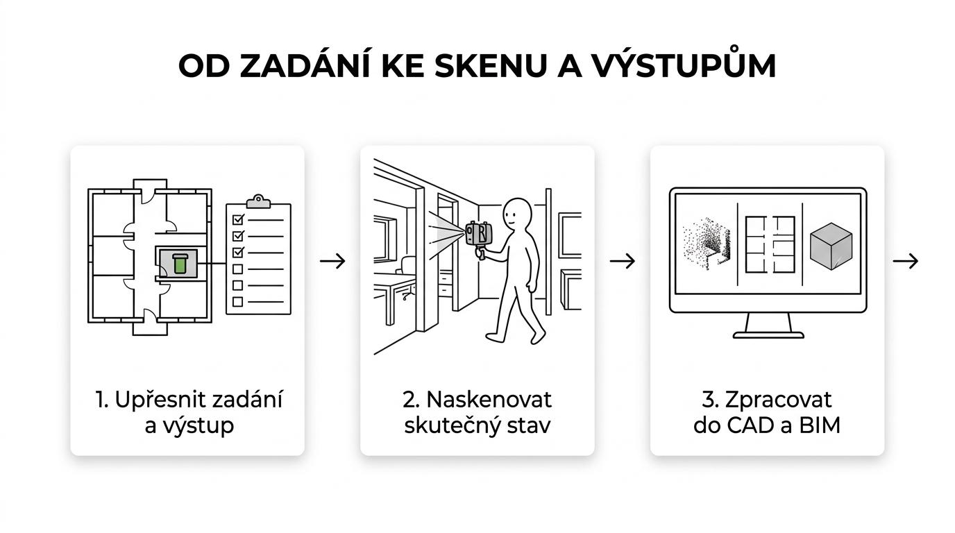 Tříkrokový postup zaměření budovy: zadání, 3D skenování a předání mračna bodů, 2D výkresů a BIM dat.