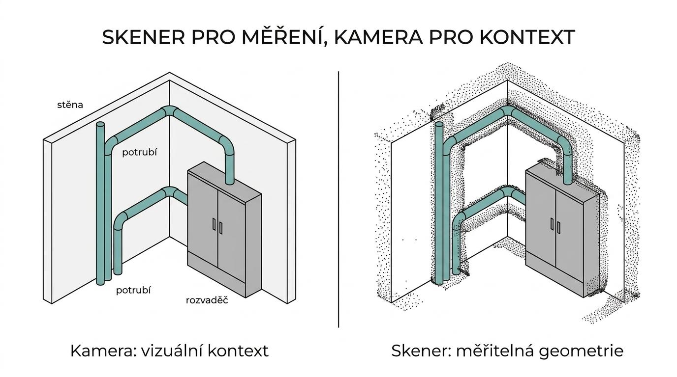 Srovnání výstupu LiDAR kamery s vizuální vrstvou a LiDAR skeneru s přesným 3D mračnem bodů pro zaměření budovy.