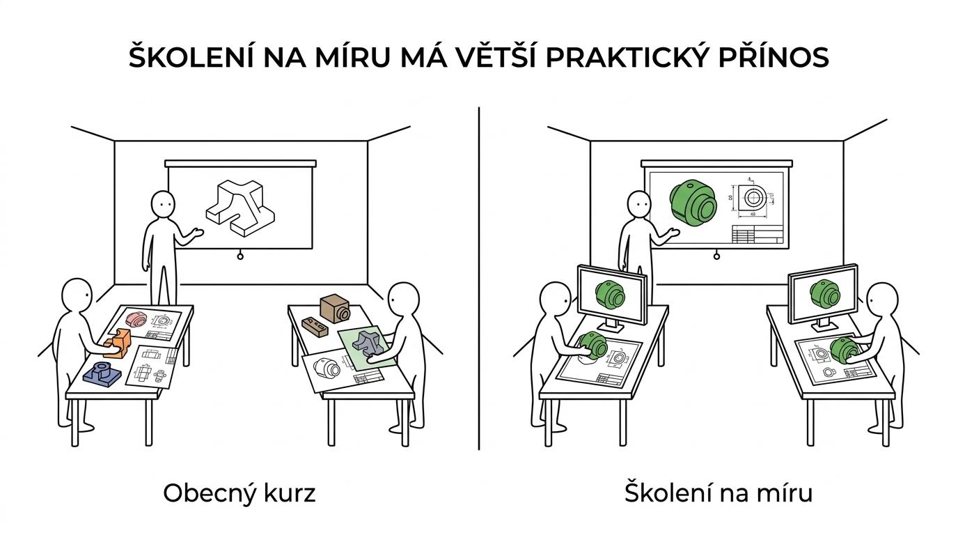Srovnání obecného kurzu SOLIDWORKS pro jednotlivce a firemního školení na míru pro tým.
