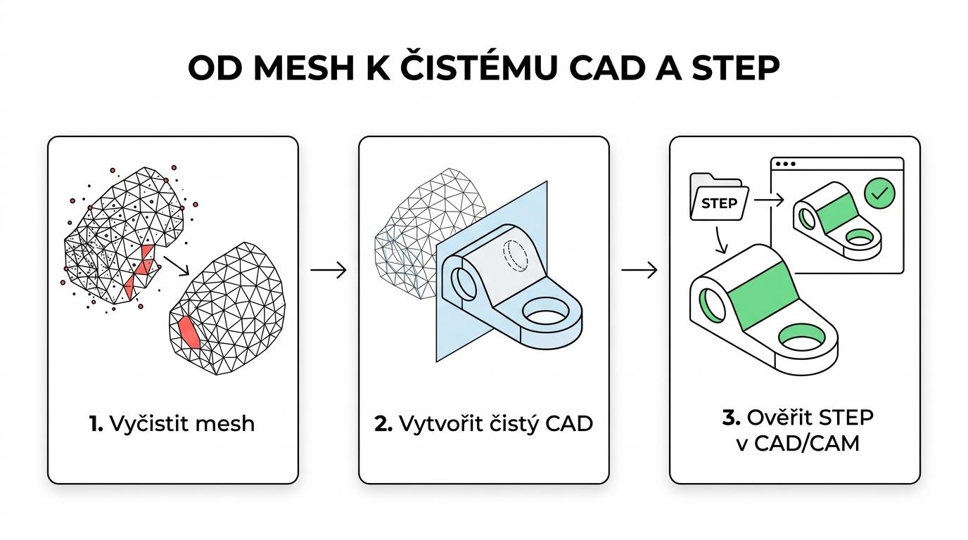 Tříkrokový proces od 3D skenu přes vyčištění mesh a modelování CAD až po ověření exportu STEP nebo IGES.