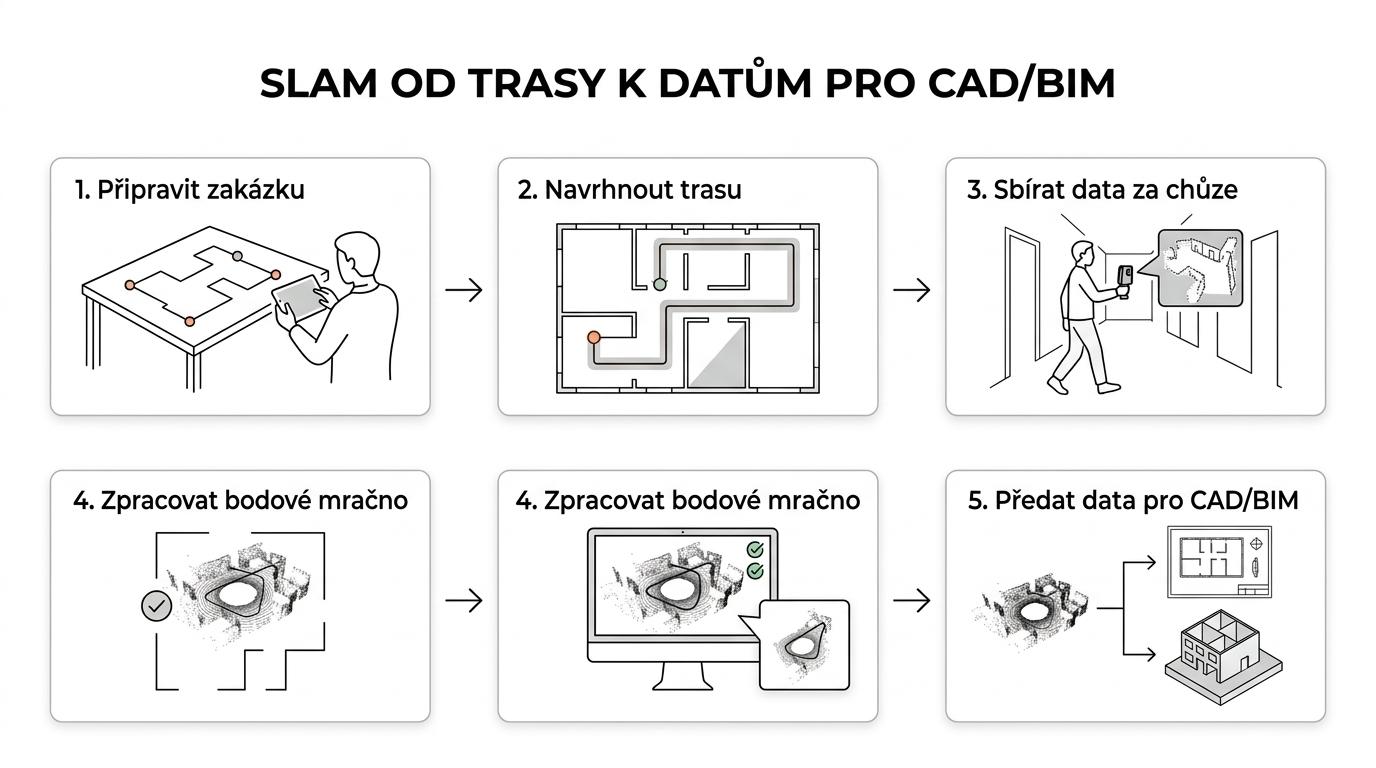 Schéma kroků mobilního SLAM skenování budovy od přípravy zakázky přes návrh trasy a sběr dat až po zpracování bodového mračna a předání výstupů.