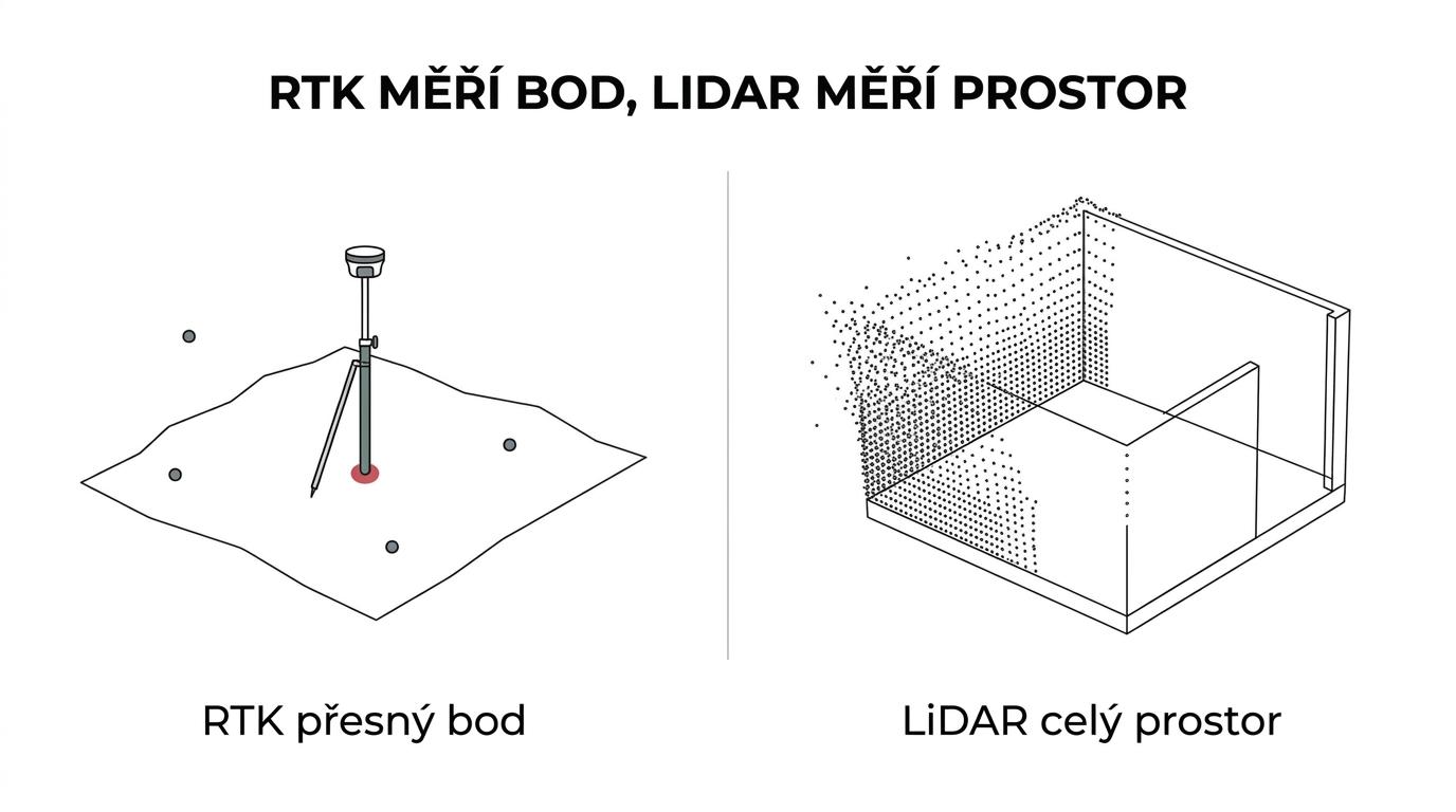 Srovnání geodeta s RTK GNSS roverem v otevřeném terénu a technika se stavebním LiDAR skenerem v interiéru budovy.